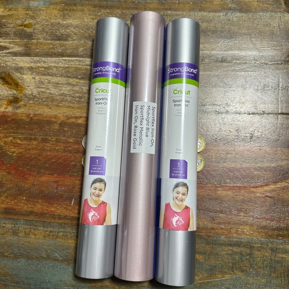 Cricut SportFlex Iron-On Vinyl Bundle Silver Midnight Blue Rose Gold 3‎ Rolls